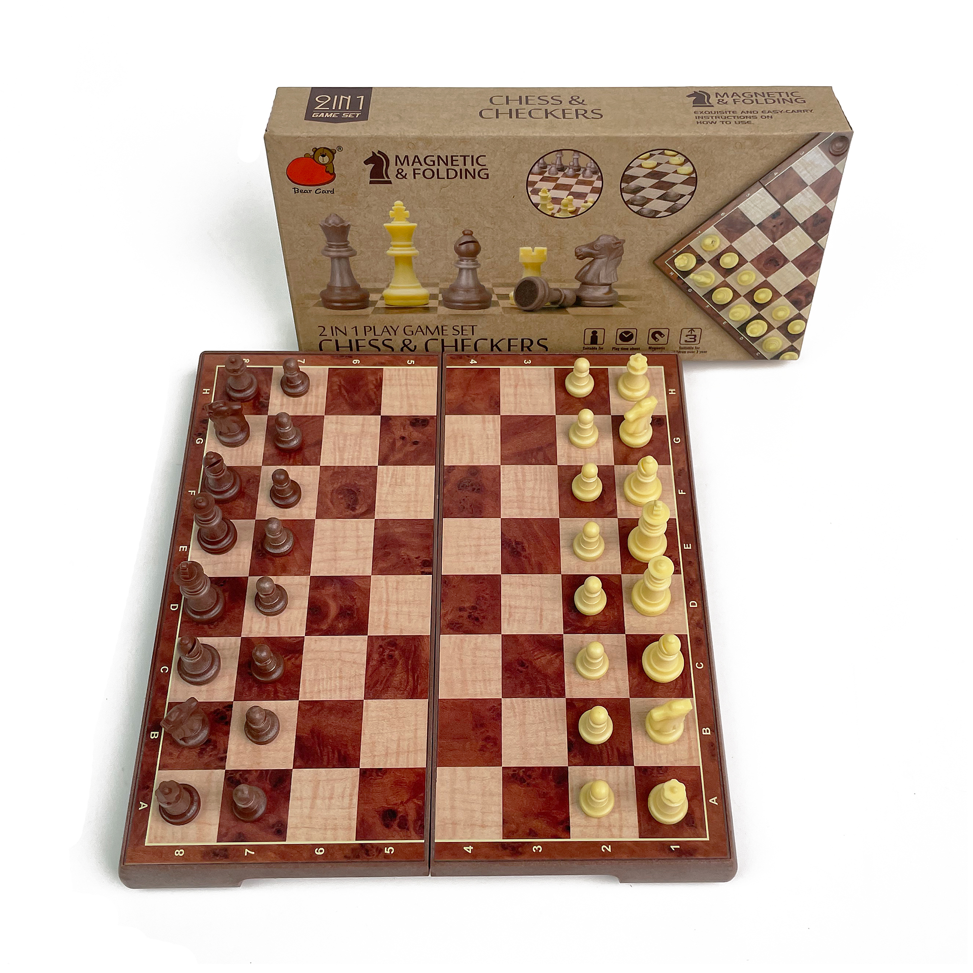 Magnetic Travel Chess - 2-in-1 Foldable Magnetic Woodgrain International Chess